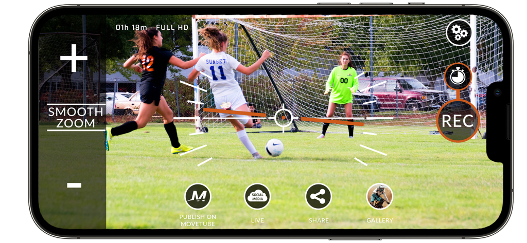 PIXEM Camera - PIXEM Camera app interface recording a soccer match with smooth zoom and live streaming options