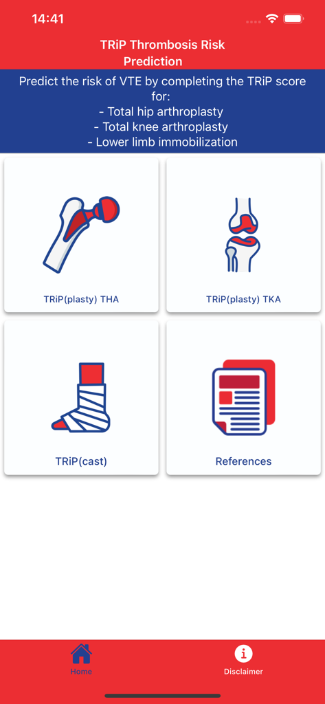 Thrombosis Risk Prediction - Home screen of the TRiP app showing medical risk score calculators for hip arthroplasty, knee arthroplasty, and lower limb immobilization.