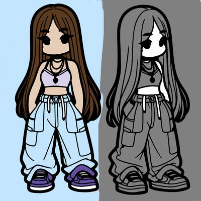 girl in baggy pants crop top and long hair