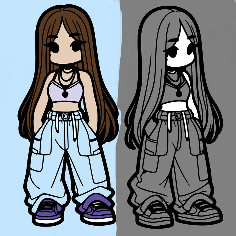 girl in baggy pants crop top and long hair