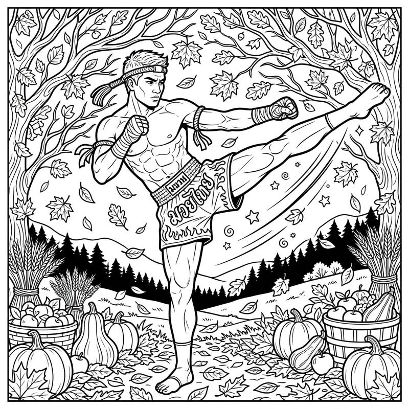 Experience the strength of a Muay Thai fighter captured in a powerful dynamic pose amidst the beauty of fall. This unique coloring page blends martial arts action with the rich bounty of the autumn season.