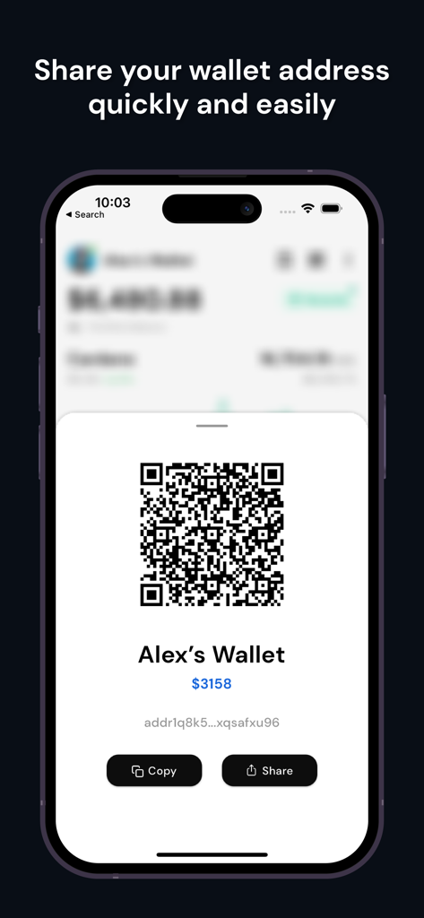 VESPR: Cardano Wallet - A mobile interface for VESPR Cardano wallet showing a QR code and options to copy or share a wallet address.