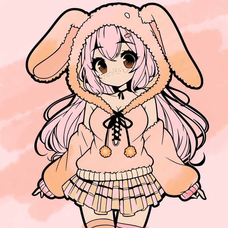 pretty anime girl wearing a fluffy hoodie with bunny ears on the hood and a skirt