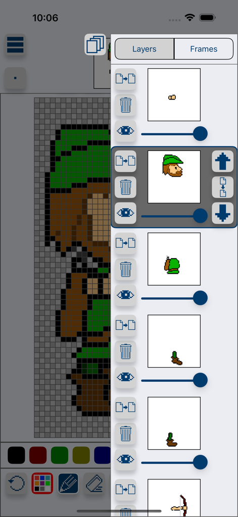 Sprite Creator mobile app interface featuring layer management and pixel art character creation on a grid canvas.