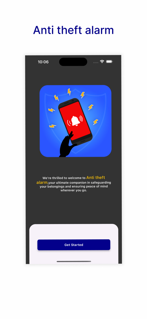 Anti Theft Alarm: Don't touch - Welcome screen of the Anti Theft Alarm app featuring an illustration of a ringing phone and a Get Started button.