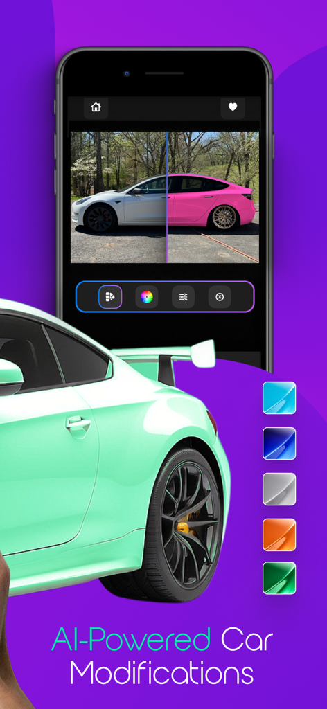 AutoStyle.AI Modify your Car - Smartphone app showing a split screen of a car being modified from white to pink with custom wheels using AI