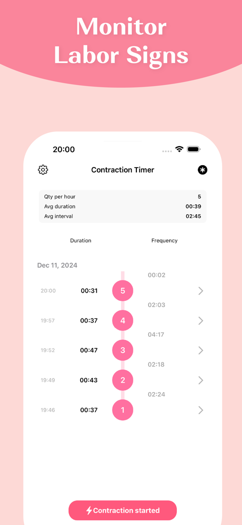 Contraction Timer: Track Labor - Smartphone screen showing the Contraction Timer app with a history of tracked contractions and average labor statistics.