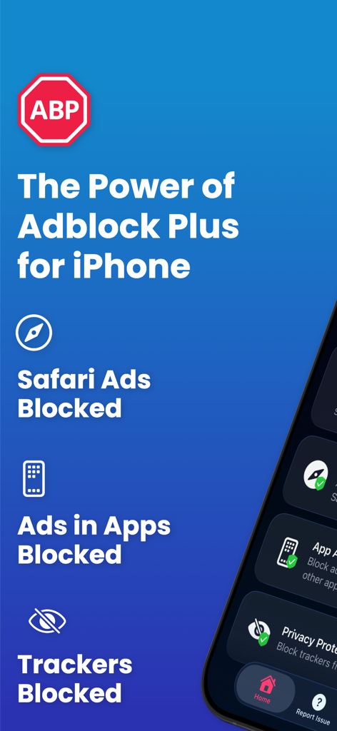 Schermata promozionale di Adblock Plus per iPhone che mostra annunci Safari bloccati, annunci in-app bloccati e tracker bloccati