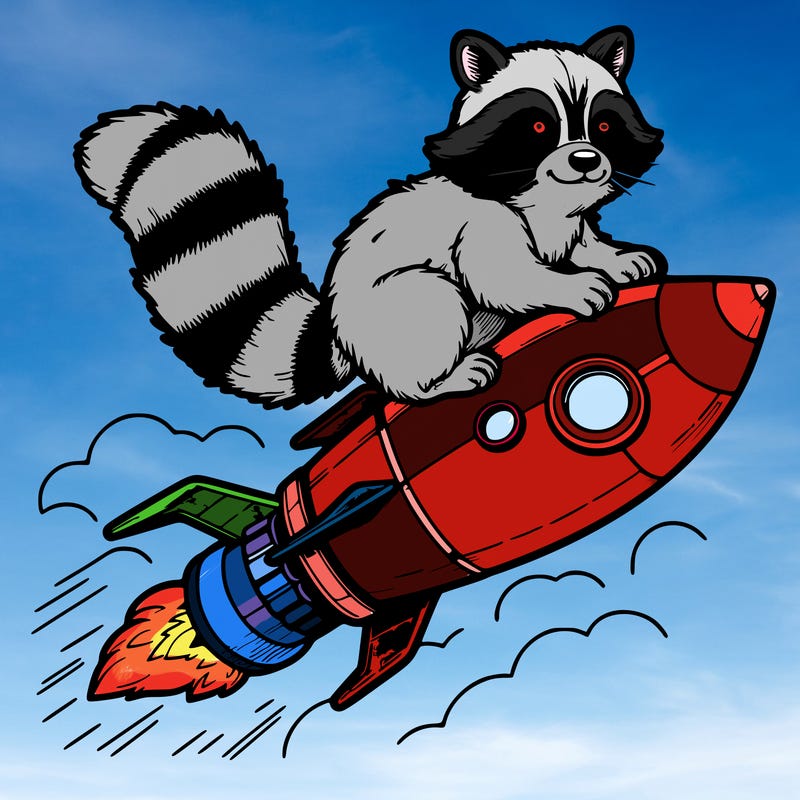 realistic raccoon flying on top rocket ship