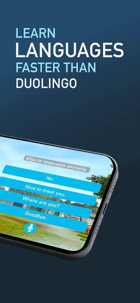 FluentWorlds-Spanish & English - FluentWorlds app interface showing a 3D environment with English conversation choices and a voice recognition icon