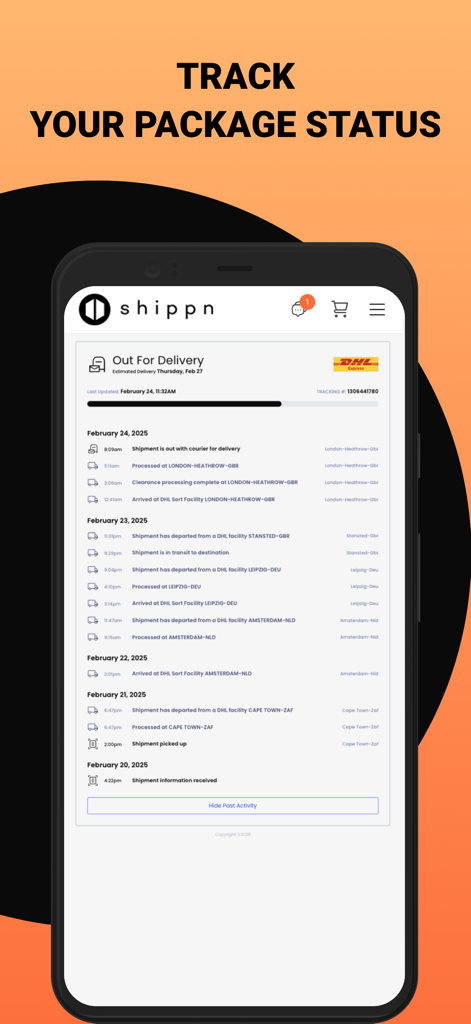 Shippn - Worldwide Shop & Ship - Shippn app interface showing a detailed international package tracking history with DHL