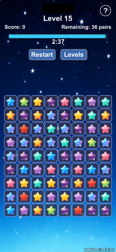 Gameplay screen of Star Twinkle Pop and Dream showing a grid of colorful star tiles on a starry night background.