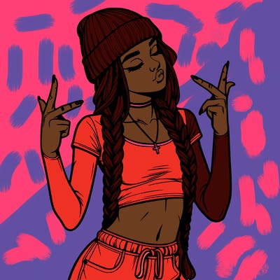 realistic teenage girl with braids and a beanie and crop top doing 🫶🏼