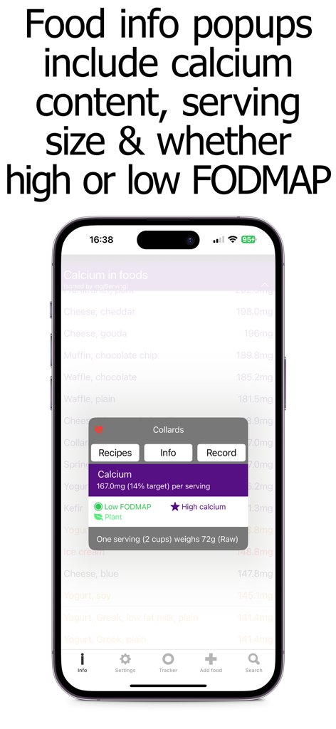 Calcium Counter and Tracker - Calcium Counter app showing a food info popup with calcium levels and FODMAP status.