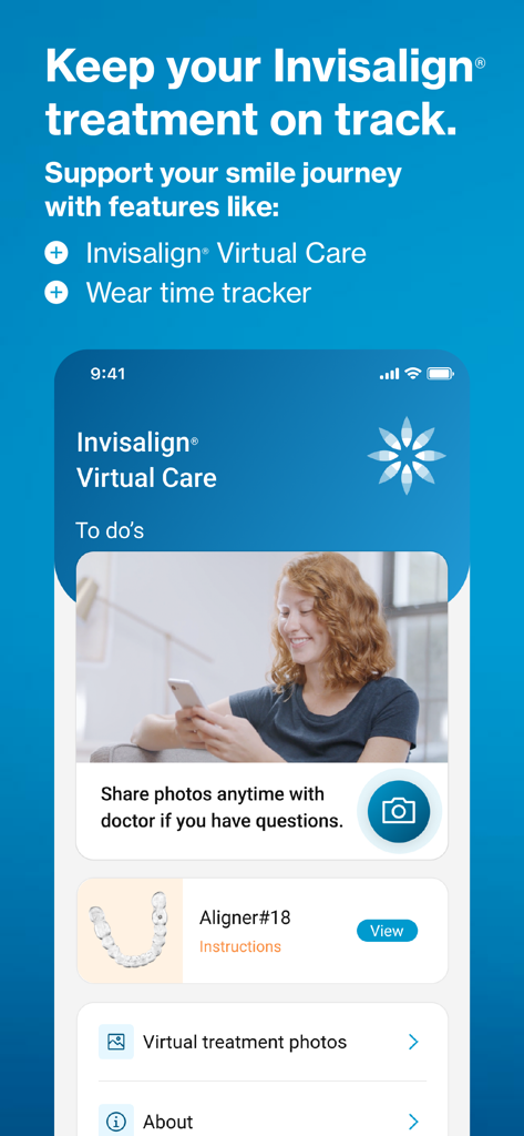 My Invisalign app interface showing virtual care features and aligner treatment tracking progress