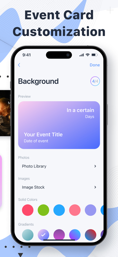 Event Countdown – Day Counter - Interfaz de la app móvil para personalizar fondos de tarjetas de eventos con colores y gradientes