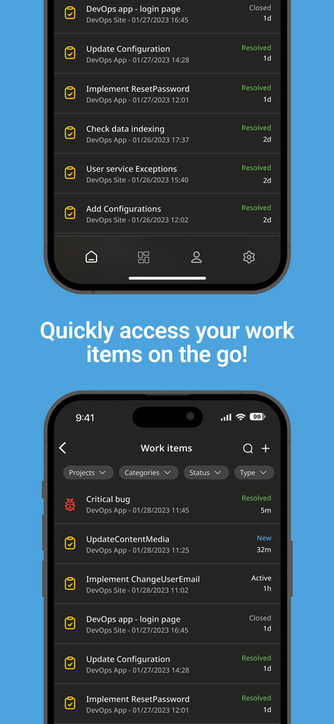 Az DevOps - Az DevOps mobile app interface showing a list of work items and task statuses on a smartphone screen