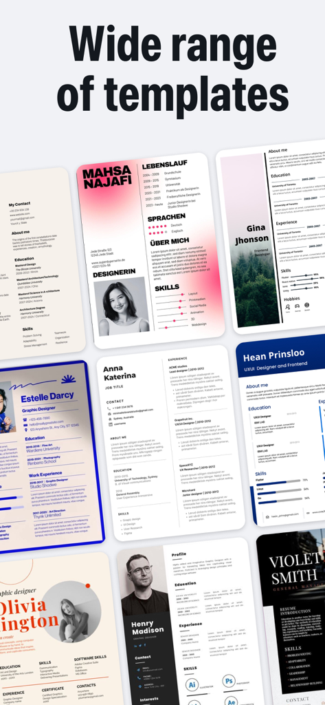 CV Builder: Resume Generator - Una colección de plantillas de currículum modernas y profesionales que muestran diferentes estilos de diseño.
