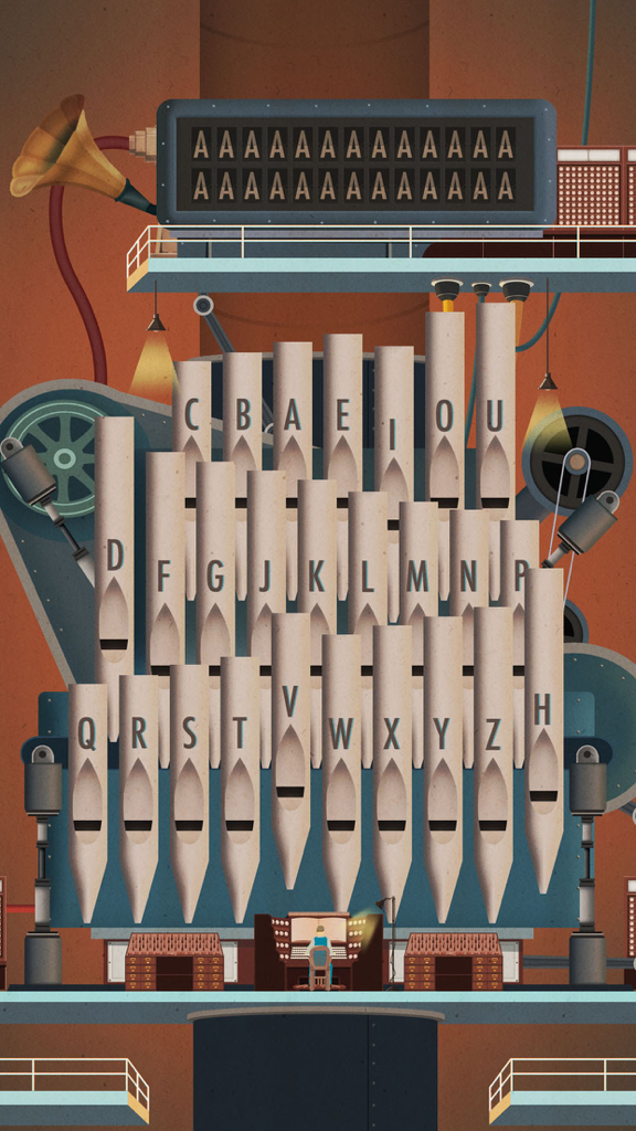 Homo Machina - A mechanical pipe organ with alphabet letters in a vintage industrial style puzzle.