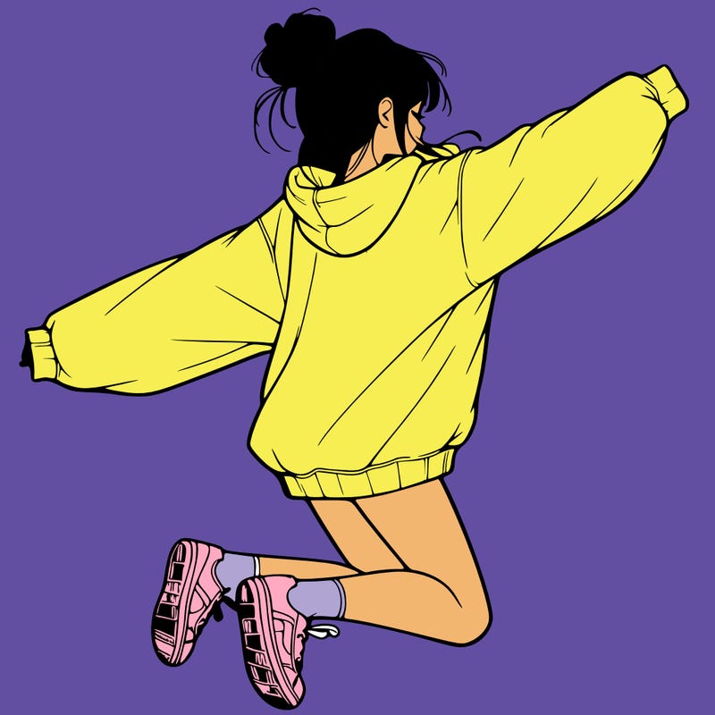 realistic girl jumping with a bun and oversized sweatshirt
