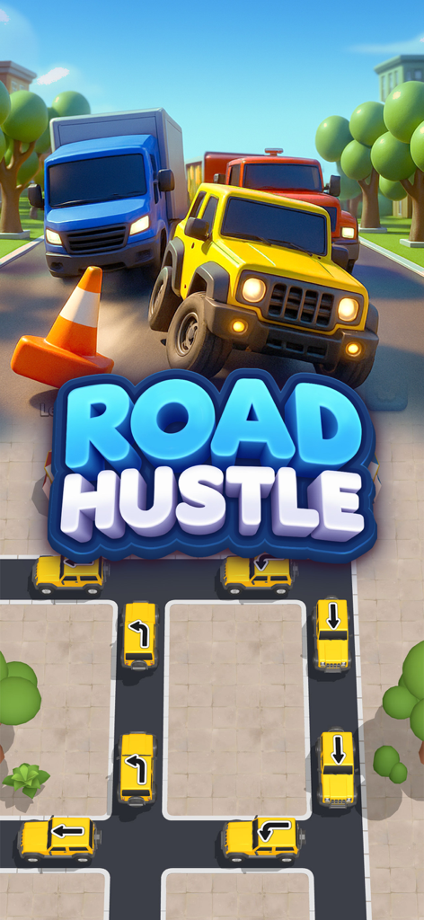 Road Hustle:Tap, Solve, Escape - Road Hustle mobile game title screen featuring 3D cartoon cars and a traffic unblocking puzzle grid