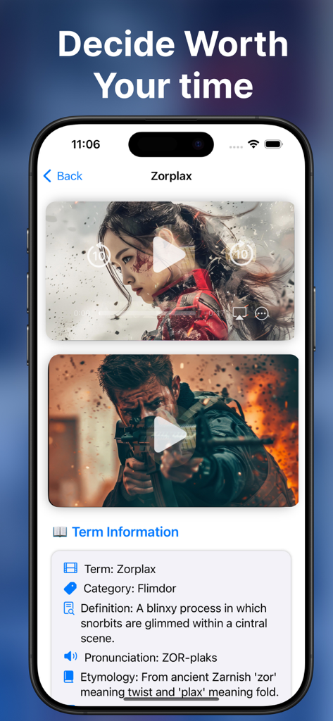 Interface of MoveIaHD app displaying film term details and video examples