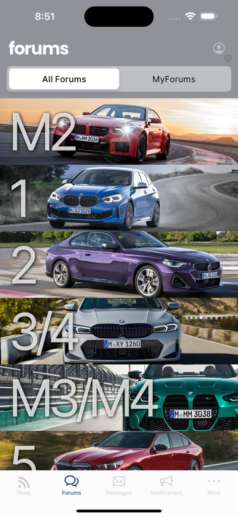 Interfaz de la aplicación Bimmerpost mostrando una lista de categorías de foros de BMW categorizadas por modelos de coches como M2, M3 y M4