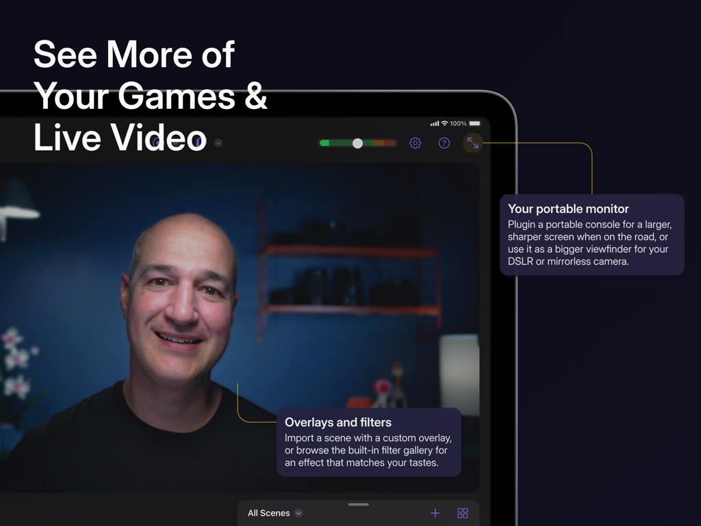 Camo Studio – Stream & Record - カスタムオーバーレイとフィルターを使用して、ライブビデオおよびゲームのポータブルモニターとしてiPad上のCamo Studioを使用している人