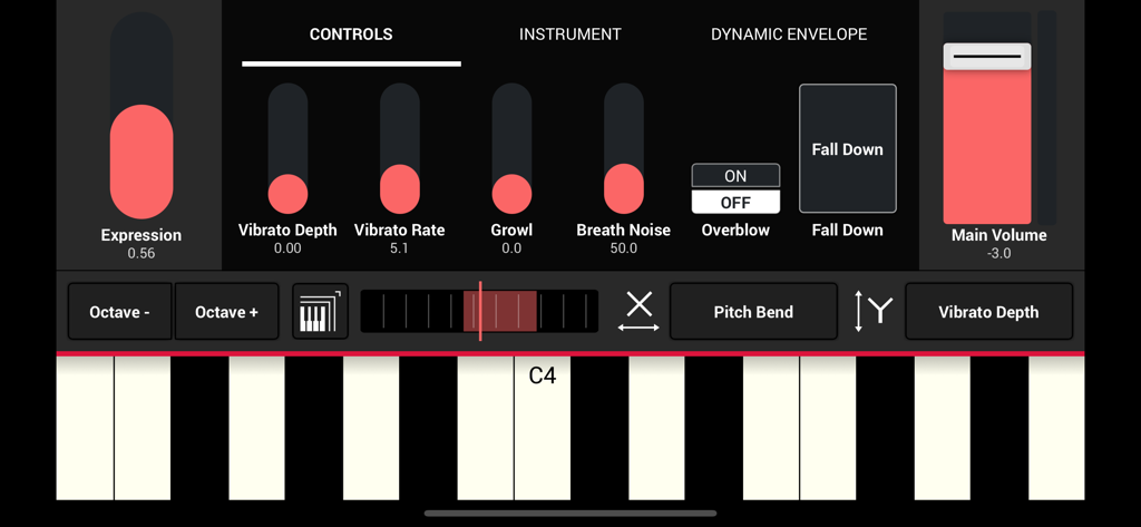 SWAM Oboe - Interfaz de controles de interpretación en tiempo real de la aplicación SWAM Oboe y teclado virtual para producción musical móvil
