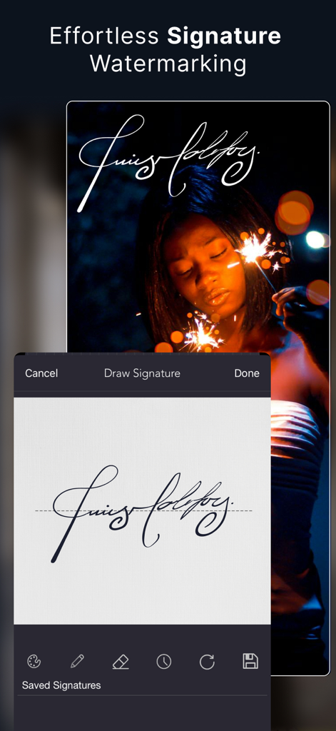 eZy Watermark Videos Lite - Eine mobile Benutzeroberfläche, die die Funktion zum Zeichnen einer Signatur zur Wasserzeichenerstellung von Videos mit einer persönlichen Signatur zeigt.