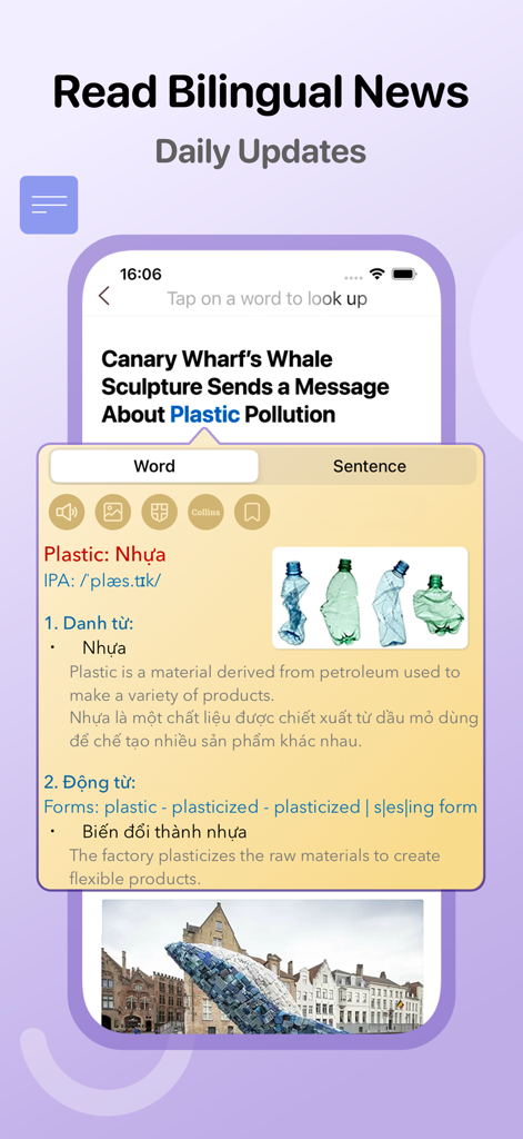 English Well: Learn 4 Skills - English Wellアプリにバイリンガルニュース記事と単語翻訳機能が表示されています