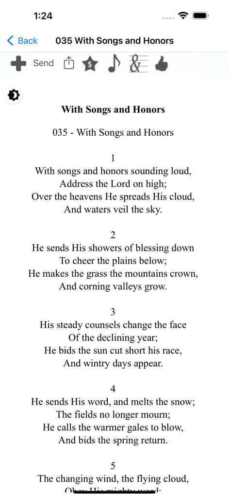 SDA Hymnals With Tunes - Schermata mobile che mostra i testi dell'inno "With Songs and Honors" nell'app SDA Hymnal