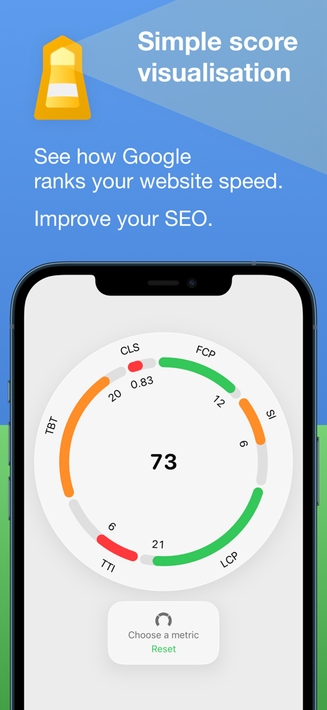 Application Lighthouse Score montrant un tableau de bord circulaire des métriques de performance du site Web et du score de vitesse SEO