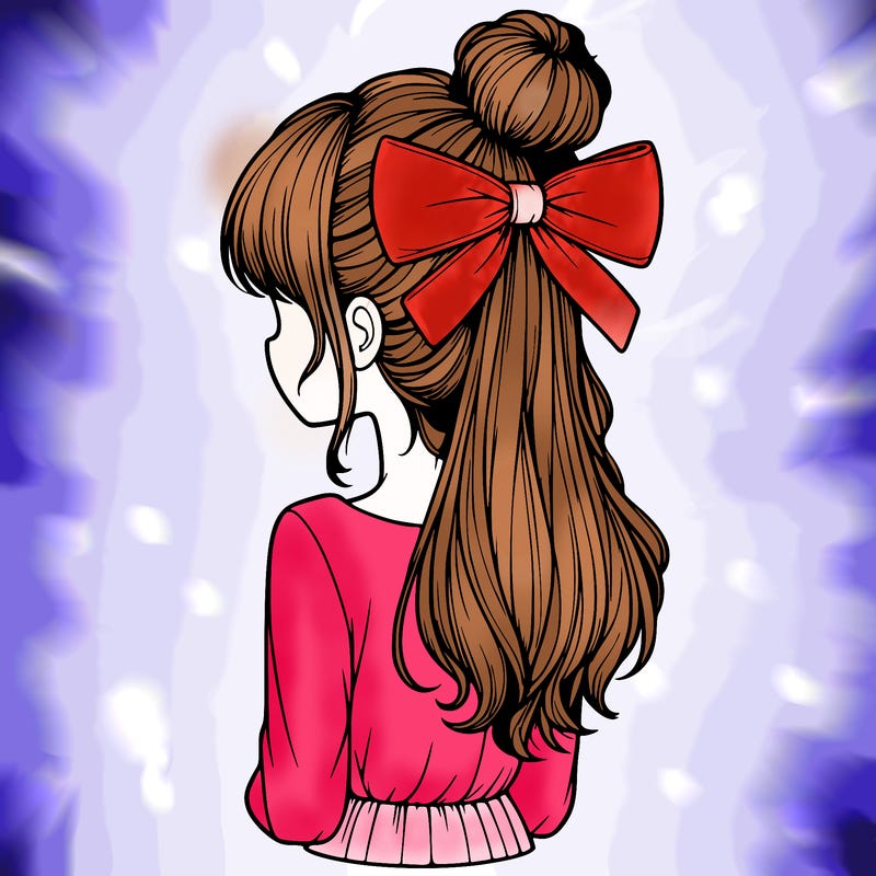realistic girl  with hip length hair a bun and a big bow on the back of head
