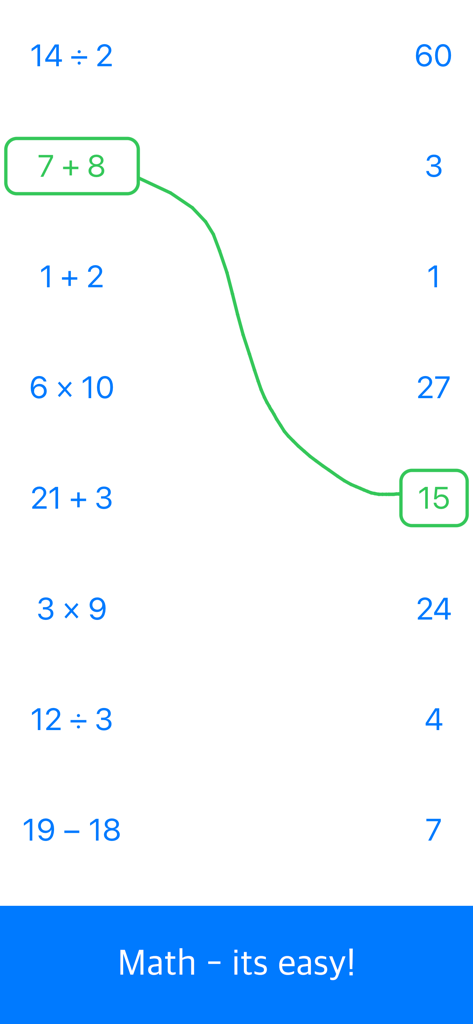 Math Games - Mental Arithmetic - Una pantalla de juego de aritmética mental que muestra ecuaciones matemáticas emparejadas con sus respuestas correctas.