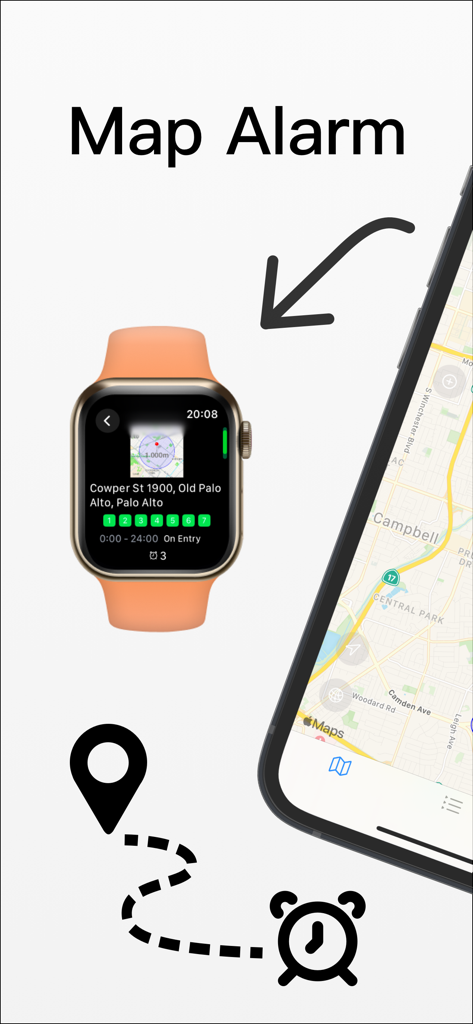 Map Alarm-alert on locations - Map Alarm app interface displayed on an Apple Watch and iPhone showing a location-based alert for Cowper Street