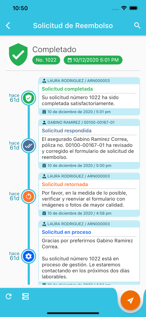 ARS Renacer - Una captura de pantalla de una aplicación móvil que muestra la línea de tiempo y el estado completado de una solicitud de reembolso de seguro médico.