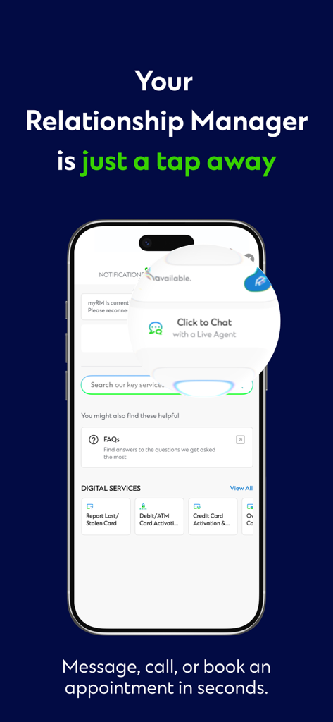 SC Mobile Singapore app interface showing live chat with a relationship manager and digital services