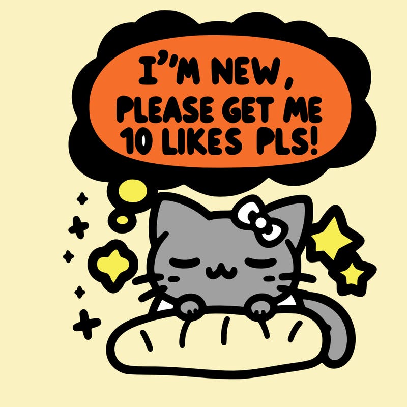 kitty taking a nap dream talking and saying "i'm new, please get me at least 10 likes pls!!"