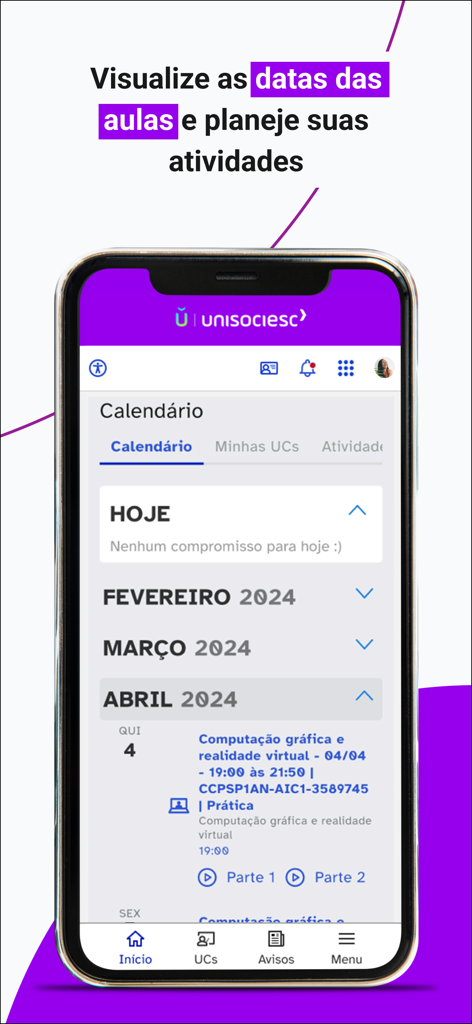 Mobile screen of Ulife app showing academic calendar and scheduled class details