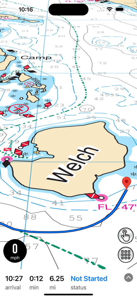 Bizer Navigator - Bizer Navigator app map interface showing Welch Island on Lake Winnipesaukee