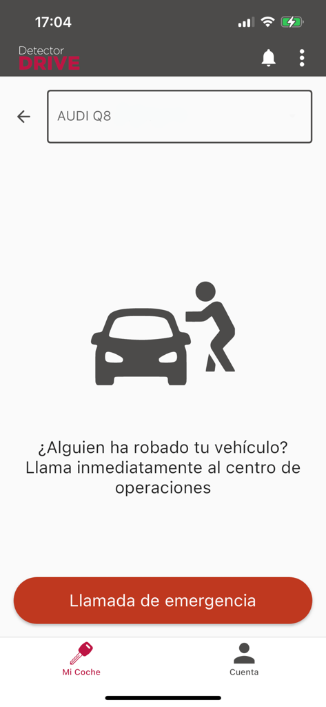 Pantalla de alerta de emergencia en la aplicación Detector Drive para reportar robo de vehículo con un botón de llamada directa.