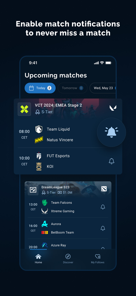 Écran de l'application Liquipedia affichant les prochains matchs d'esports et les paramètres de notification pour les tournois
