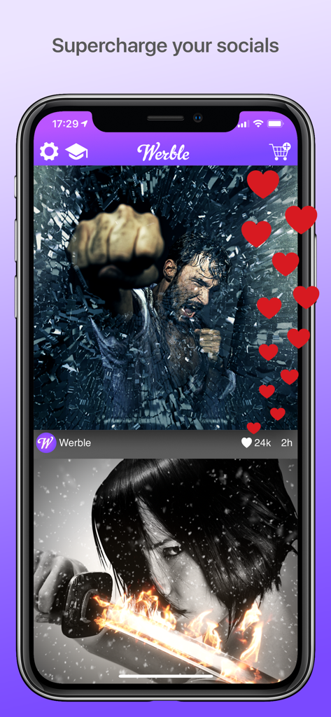 Interfaz de la app Werble en un iPhone mostrando efectos artísticos de fotos animadas para creadores de redes sociales