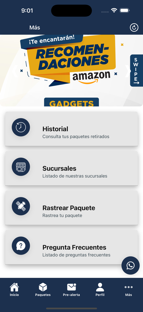 Envios RD App Menübildschirm mit Sendungsverfolgungsverlauf und Filialfinder-Optionen