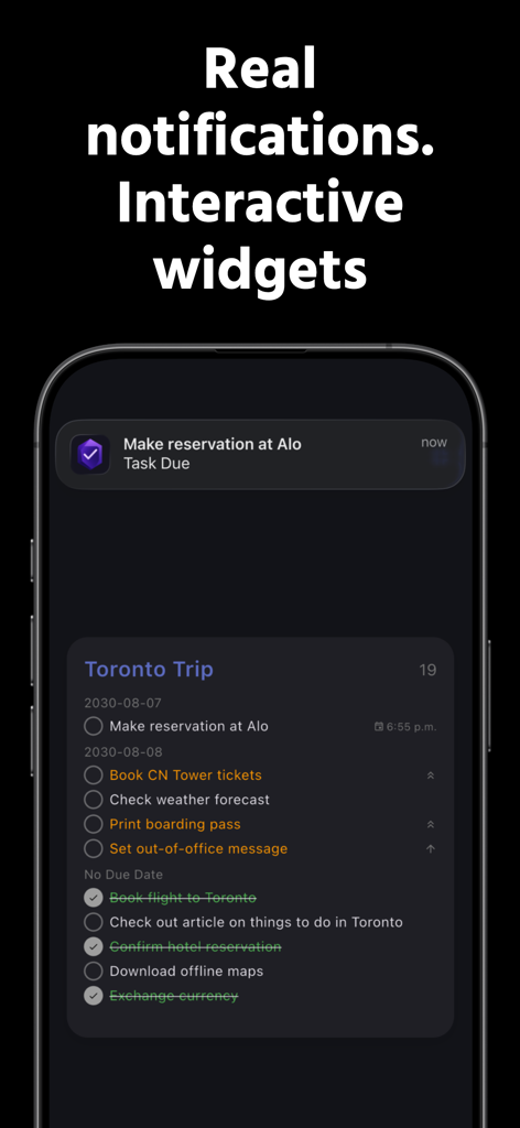 TaskForge - Obsidian Tasks - TaskForge app interface showing a task notification and an interactive home screen widget for obsidian tasks