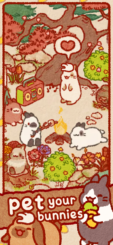 Usagi Shima: Cute Bunny Game - Hand-drawn cute bunnies gathered around a campfire in the cozy island game Usagi Shima with a prompt to pet them