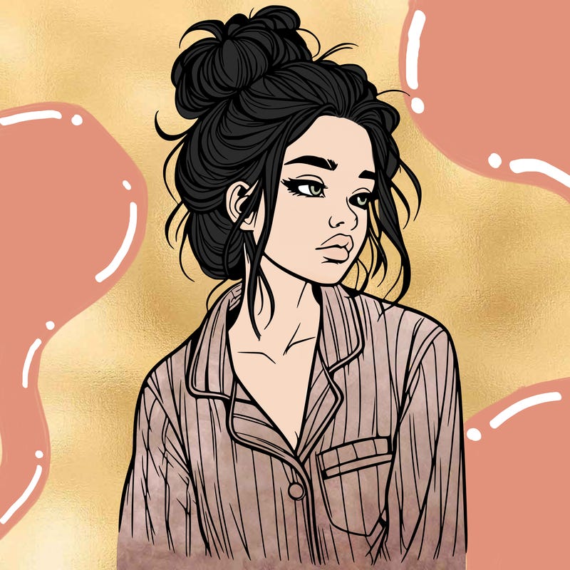 realistic woman with pajamas on and a messy bun