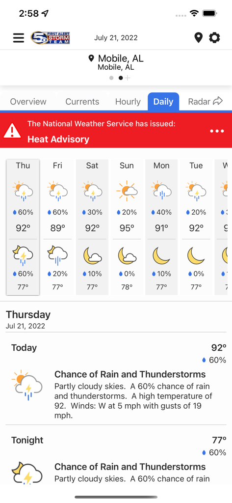 WKRG Weather - Daily weather forecast for Mobile Alabama on the WKRG Weather app featuring a Heat Advisory alert banner.