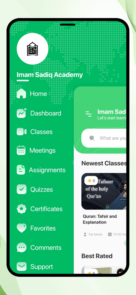 Imam Sadiq Academy - Imam Sadiq Academy mobile app interface displaying a navigation menu with options for classes, assignments, and quizzes over a religious course dashboard